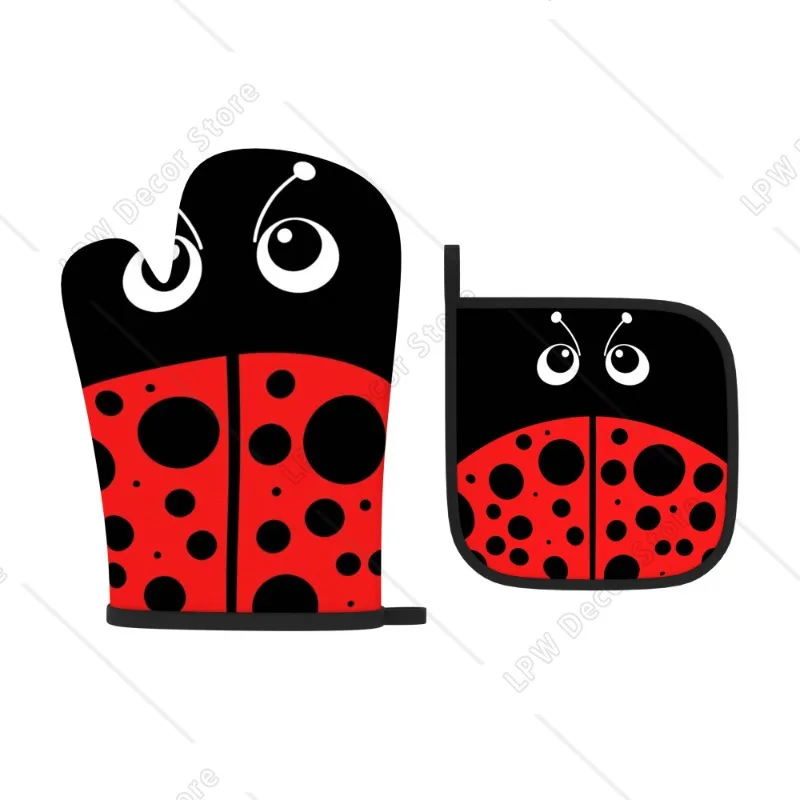 Heat Resistant Oven Mitts Potholders Suitable Cute Ladybug Mittens for Kitchen BBQ
