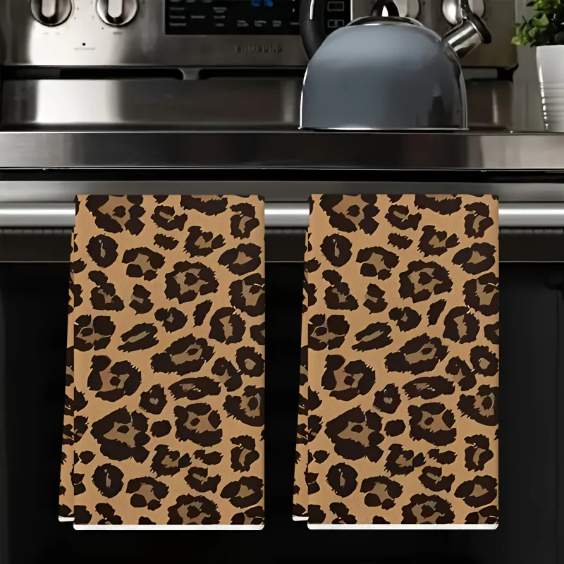 2Pcs, Brown Leopard Print Kitchen Towels, 40Cm*60Cm Towel Set, Super Absorbent Soft Cleaning Cloth, Cooking and Baking Towels, H