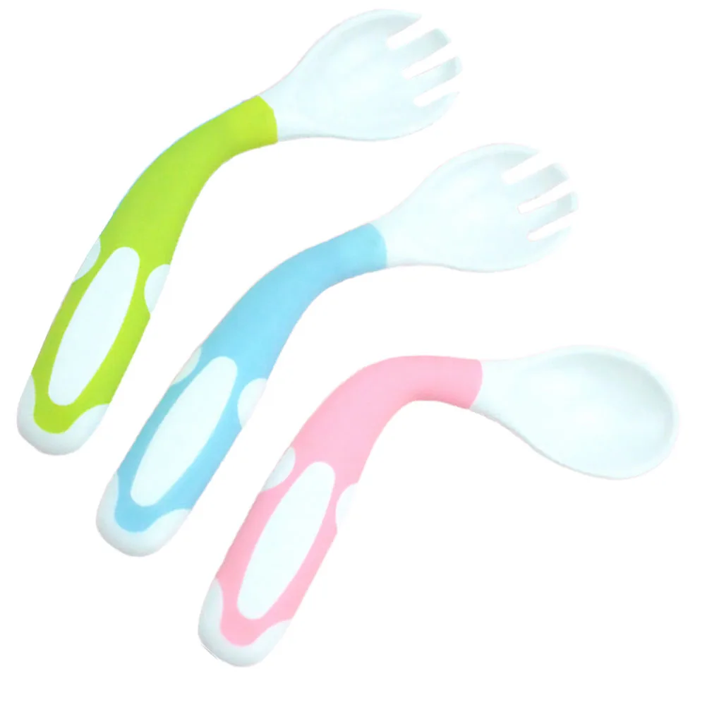 3 مجموعات من أدوات تغذية ملعقة الأطفال المميزة من مادة البولي بروبيلين، ممارسة السلامة - أدوات التغذية باللون الوردي والأخضر والأزرق