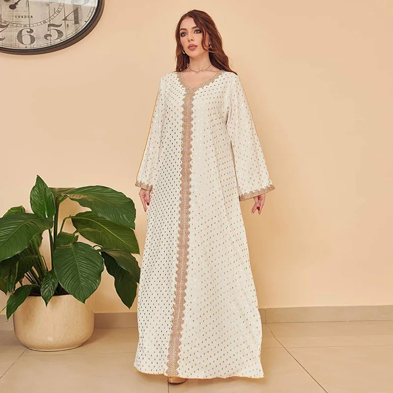 White Satin Striped Jacquard Maxi Dress Women Elegant V Neck Golden Tape Trim Dubai Arab Muslim Abaya Moroccan Kaftan Eid 2023