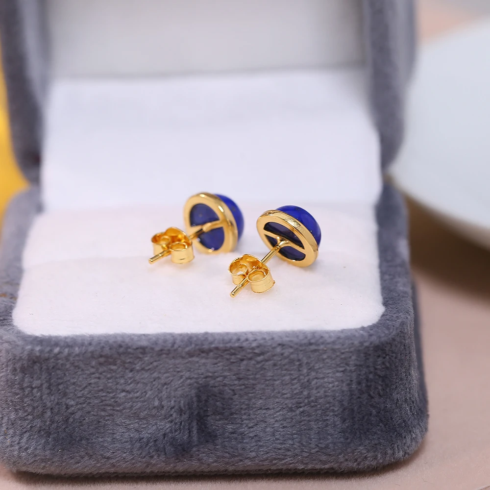 8mm Genuine Natural Lapis Lazuli 925 Sterling Silver Earrings for Women Simple Jewelry Gift