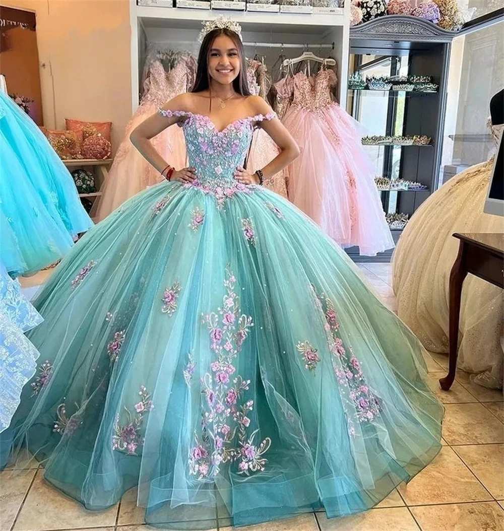 Vestidos de Quinceañera de princesa azul, vestido de baile sin hombros, apliques de tul, dulce 16 vestidos, 15 Años, mexicano