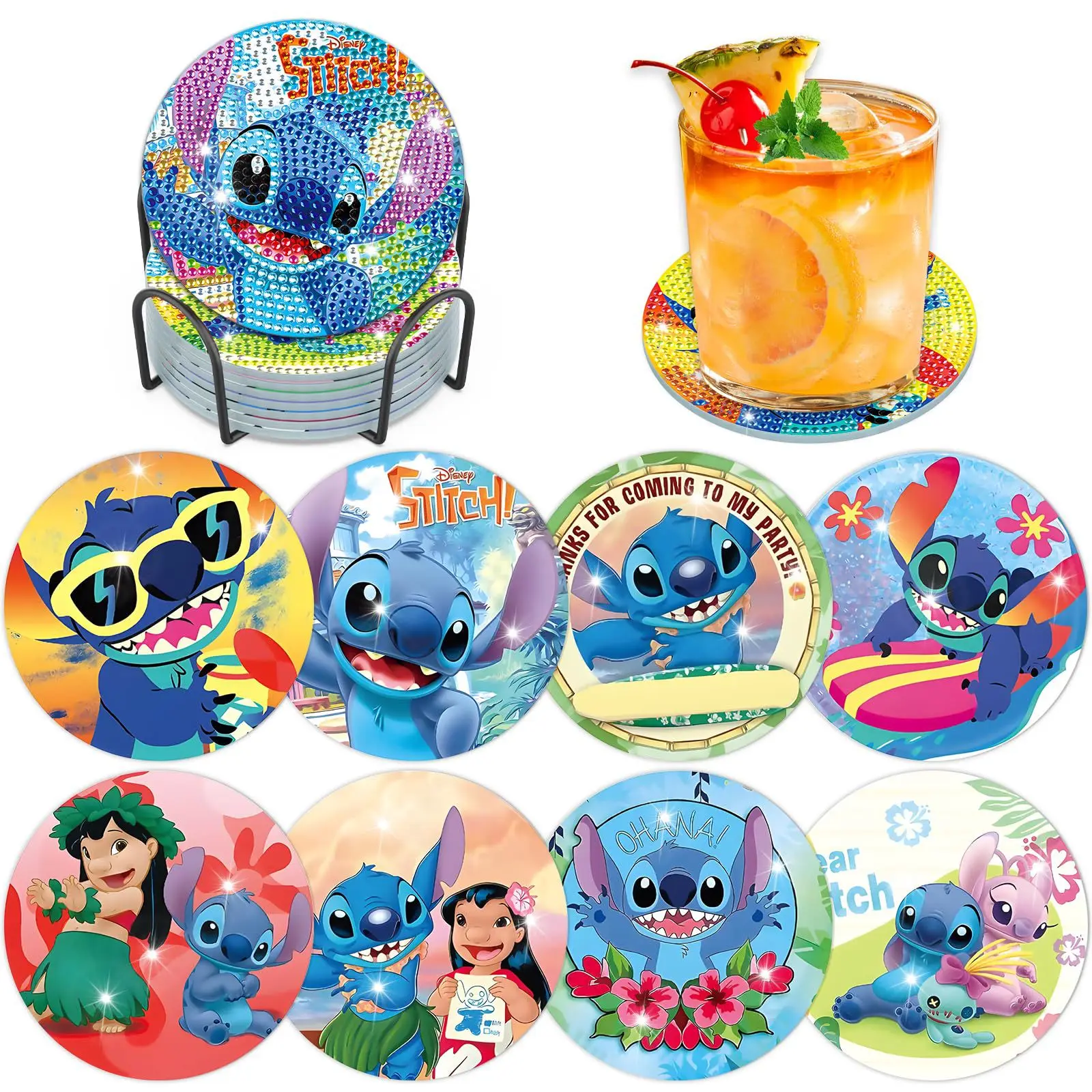 

New Arrival 8Pcs Cute Blue Cartoon Character DIY Diamond Painting Coasters with Holder, Creative Home Decor Souvenirs