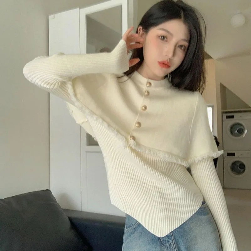 Korean Fashion Knit Two-Piece Suit Women Elegant Slim Irregular Sweater Set Woman 2023 New Long Sleeve Jumper and Shawl