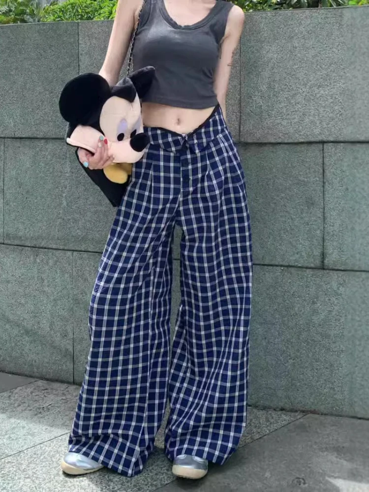 Blue Vintage Plaid Loose Straight pants Women's Summer High Waist Korean Loose Wide Leg Trousers Casual Streetwear Pockets Pants