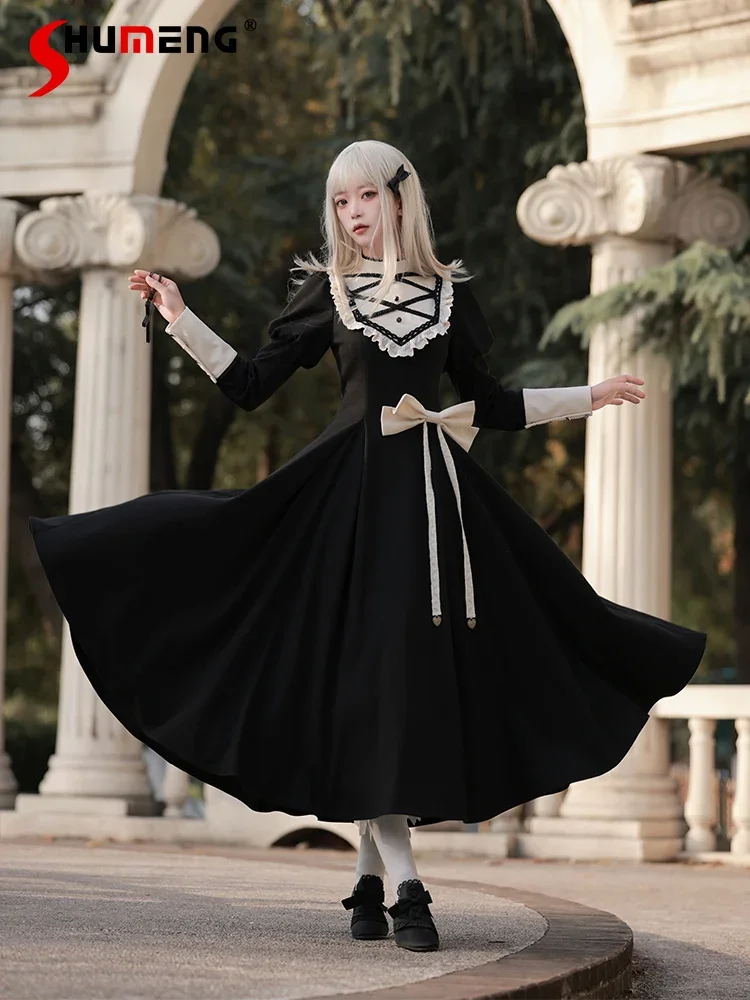 

Original Design French Vintage Lolita Long Dress Women's Spring and Autumn Long Sleeves Slim-Fit Elegant Dress Black Waistcoat