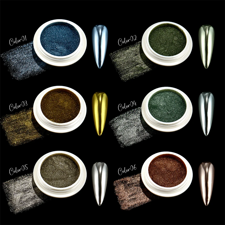 ผงสีเล็บโครเมียม 6 ชิ้น สีทอง น้ำเงิน เขียว คุณภาพสูง เงางาม ผงสีเล็บเมทัลลิก สำหรับตกแต่งเล็บ