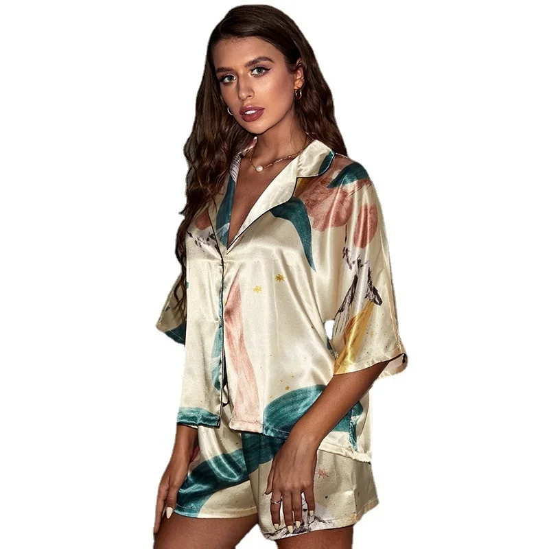 Ice Silk Pajamas Women\'s Fashion Casual Short Sleeved Shorts Two-piece Thin Suit Loose Cardigan Home Clothes Pyjamas