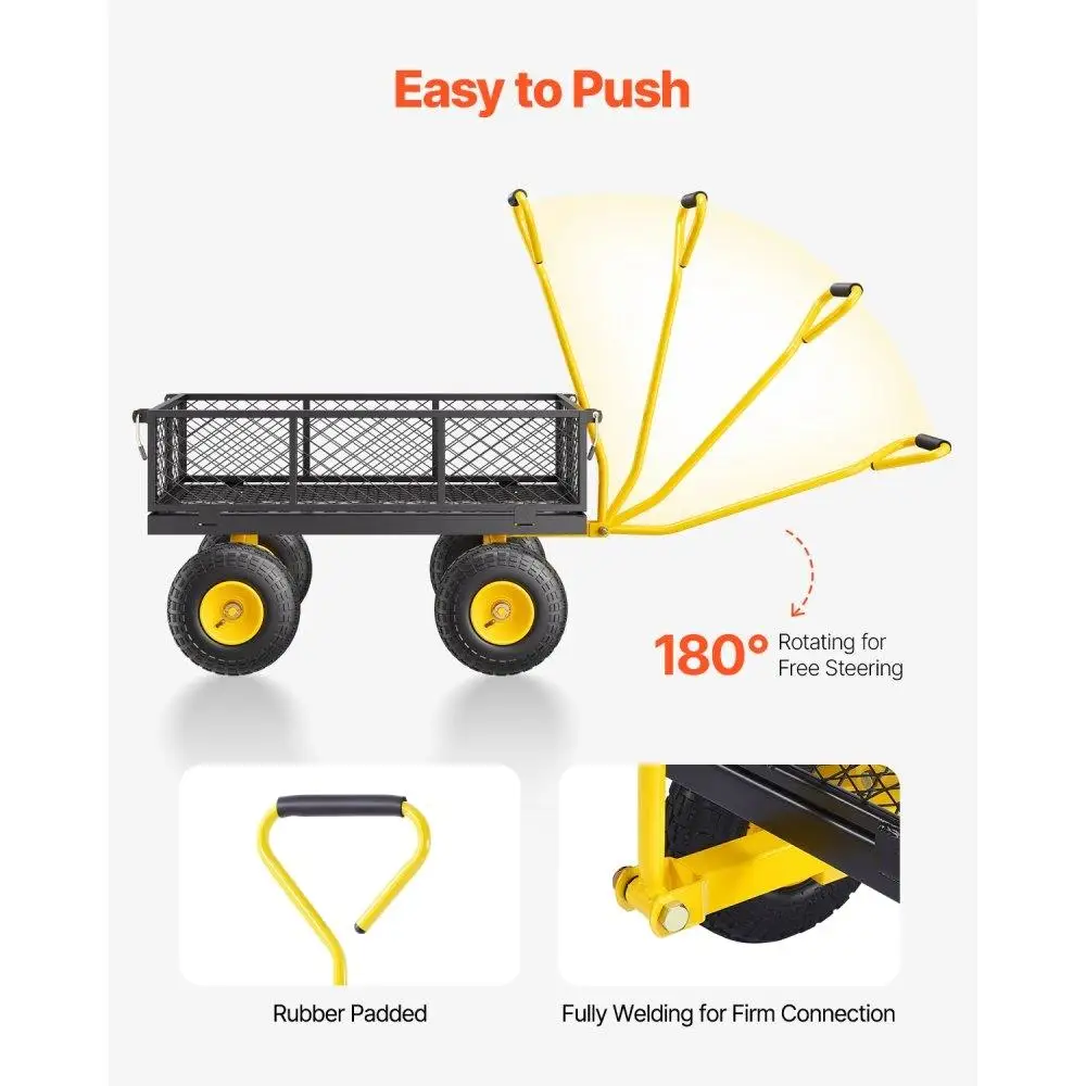 500 libras resistentes para carrinho de jardim com pneus todo terreno de 10 polegadas laterais de malha removível e alça giratória de 180 graus para quintal