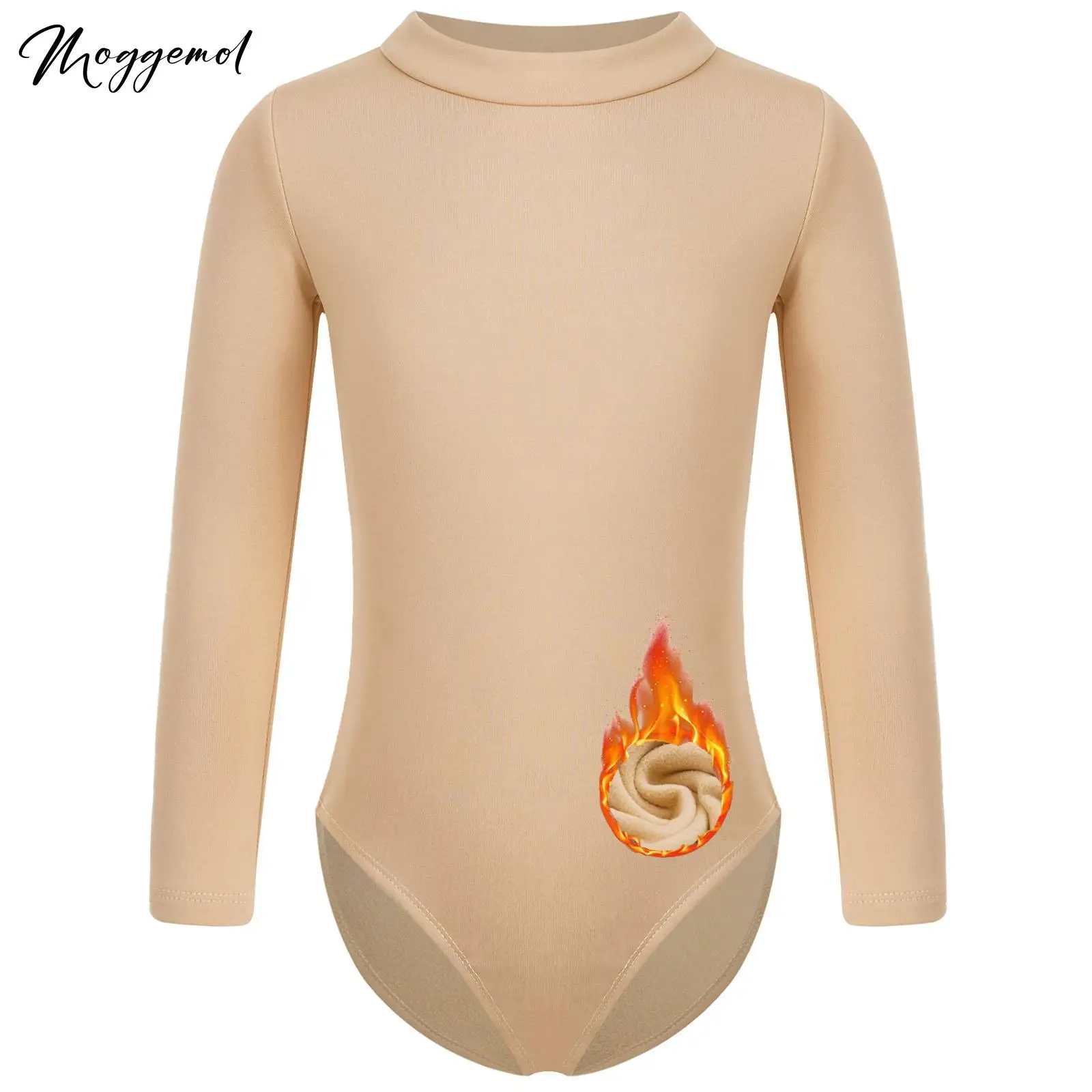 Girls Fleece Lined Gymnastics Ballet Dance Long Sleeve Thermal Leotard Underwear Solid Color Bodysuit Training Warm-up Costume
