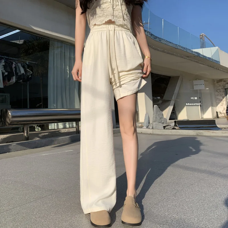 Pantaloni a gamba larga morbidi con toppa laterale pigra Pantaloni estivi da donna a vita alta larghi e casual lunghi fino al pavimento