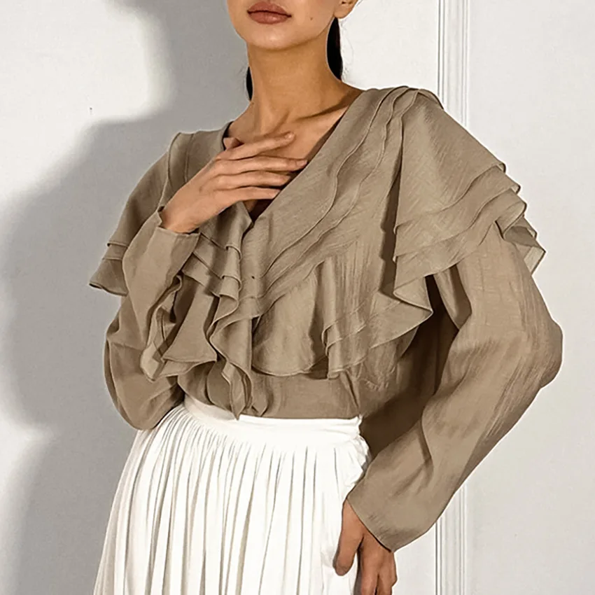 Elegant Chiffon Blouse for Women Fashion Office Lady V-neck Ruffled Backless Tops Casual Long Sleeve Shirt Female Clothing