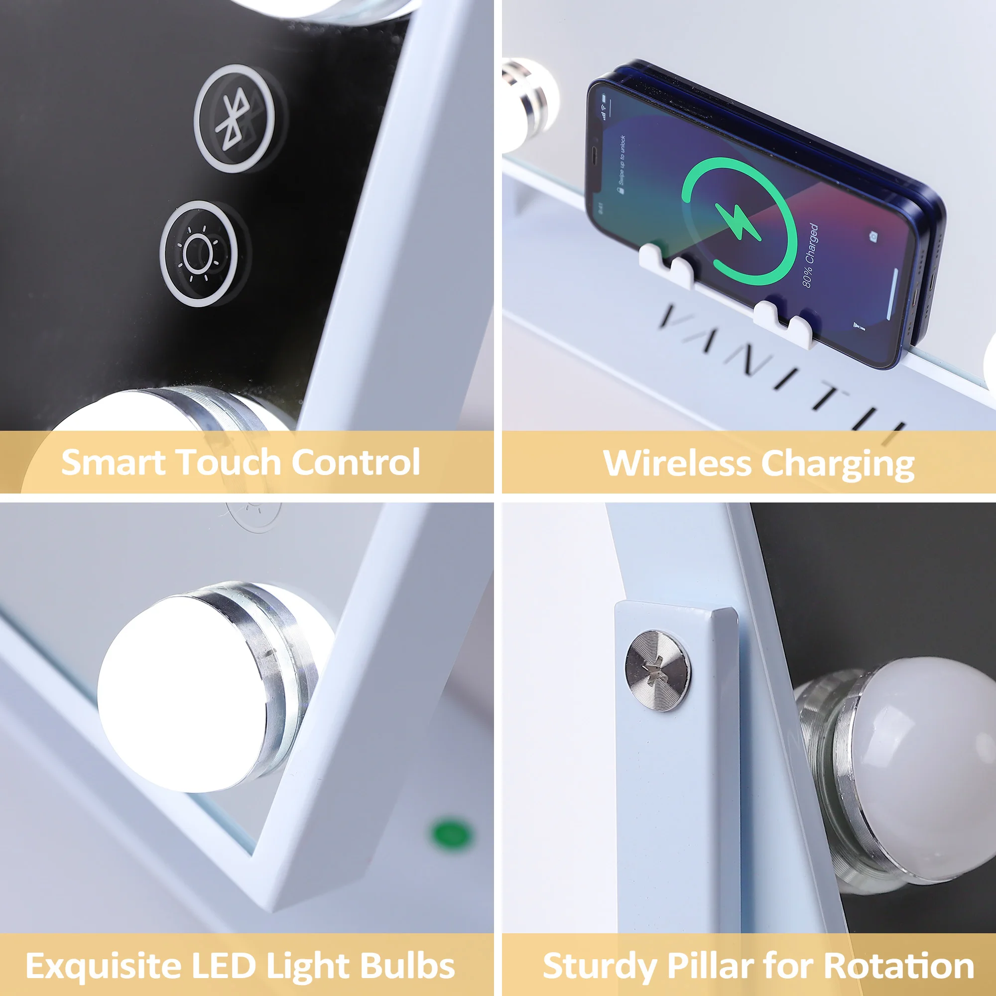 FENCHILIN Espelho de vaidade branco com luzes Carregador sem fio Alto-falante Bluetooth Espelho de maquiagem Hollywood com 12 lâmpadas reguláveis