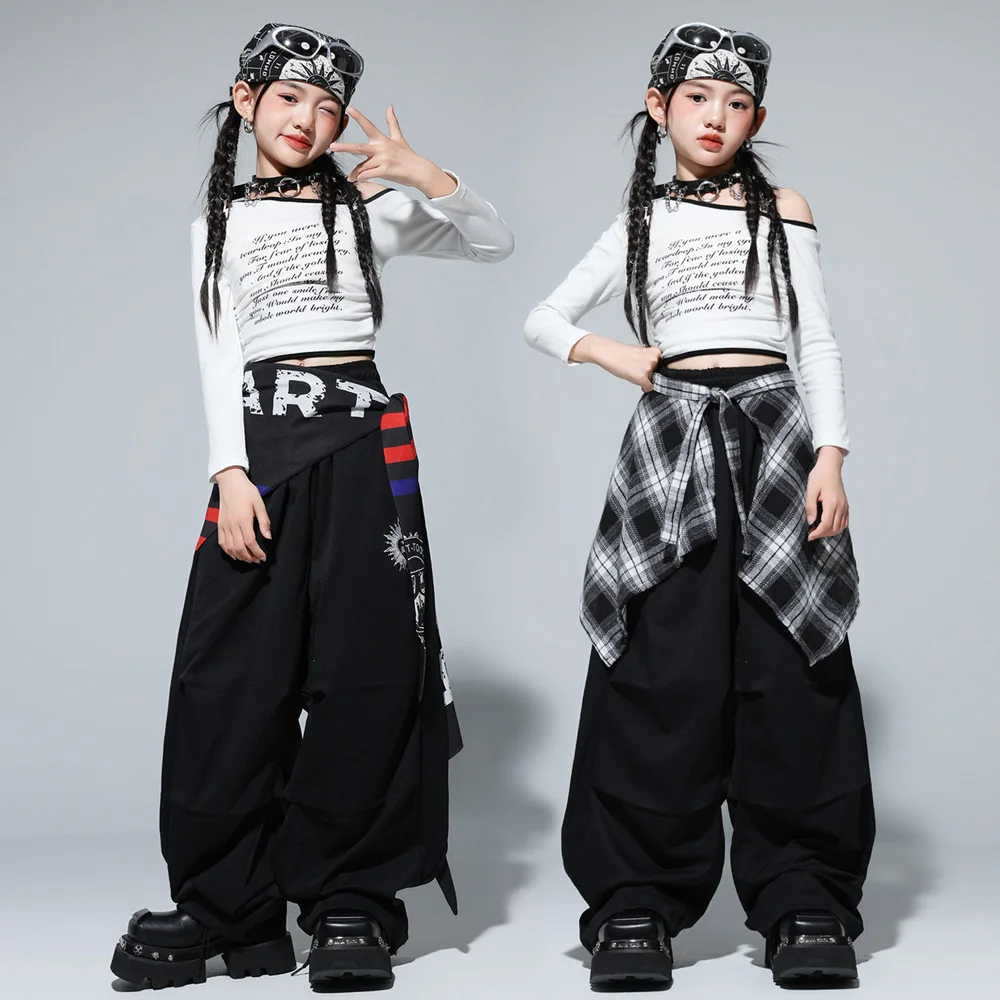 

Детская одежда в стиле хип-хоп, белая укороченная футболка с наклонными плечами и длинными рукавами, черные брюки с изогнутыми лезвиями для девочек, групповой танцевальный костюм