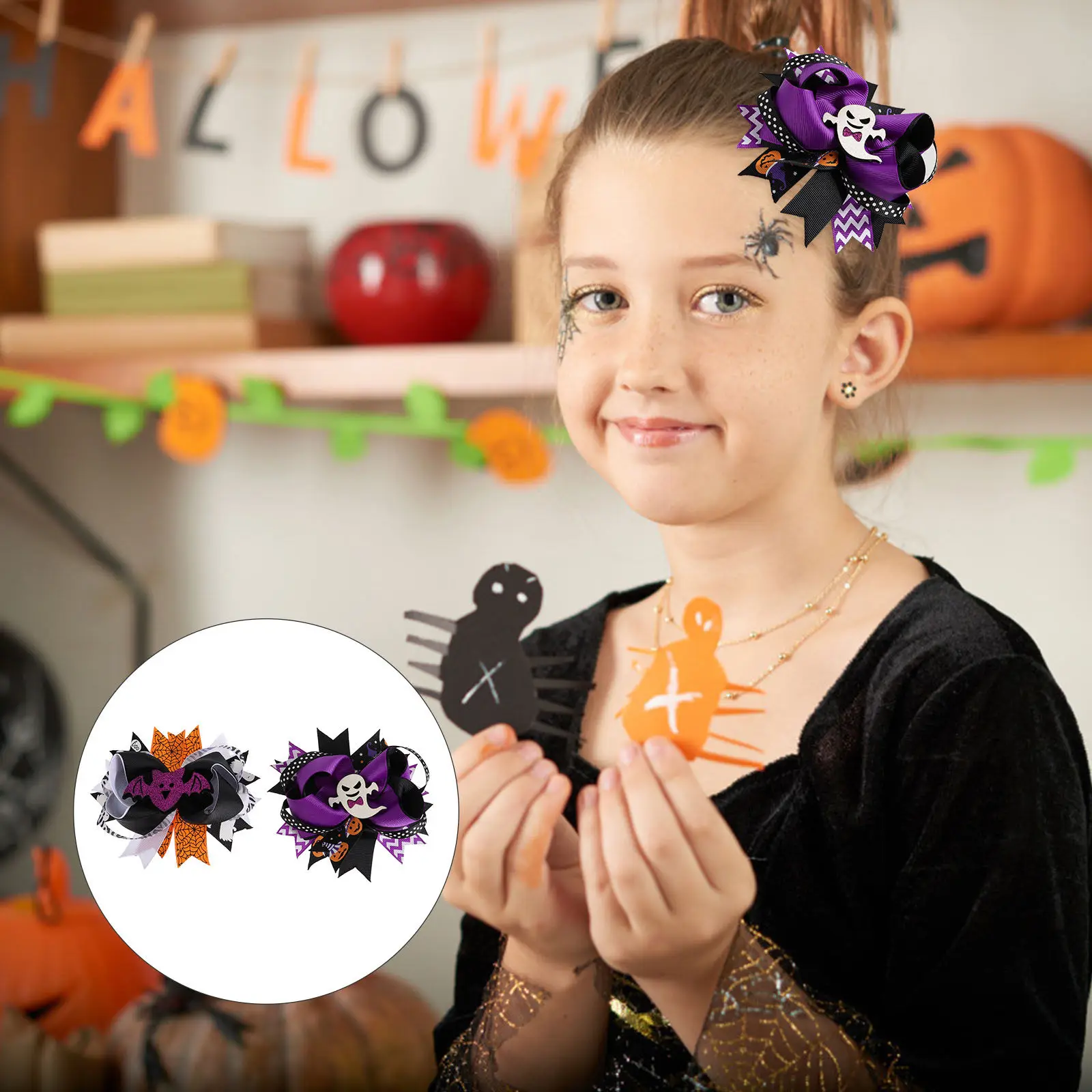

2 шт. заколки для волос с бантом на Хэллоуин, легкие заколки с принтом для девочек, аксессуары для волос для вечеринок и фестивалей, заколка на Хэллоуин