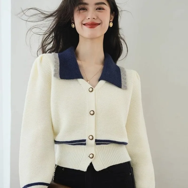 Women Clothes Spring Autumn Fashion Simplicity All-match Button Color Blocking Knitting Female Appear Thin Cardigan Loose Tops