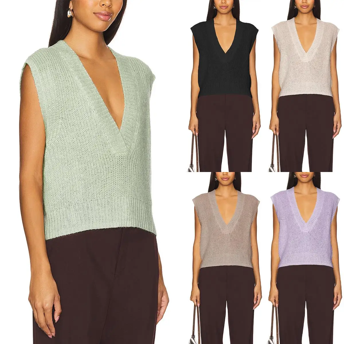 

Women's T-Ne Knitted Sweater Vest Long Sle Leather Fabric Faionable Inner Wear Pure Color Design with Chest Pad