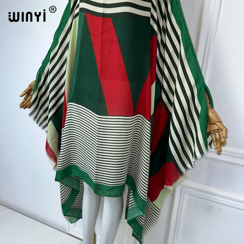 Winyi Africa Boho Jurk Geometrie Print Sexy Jurk Vrouwen Elegant Gewaad Vrouwelijke Kaftan Abayas Dubai Luxe Strand Cover Up