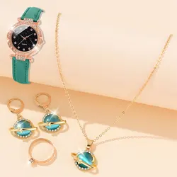 5pcs/set Women's Watch Luxury Green Quartz Watch PU Analog Dress Wrist Watch & Green Jewelry Set Gift For Mom Her ﻿