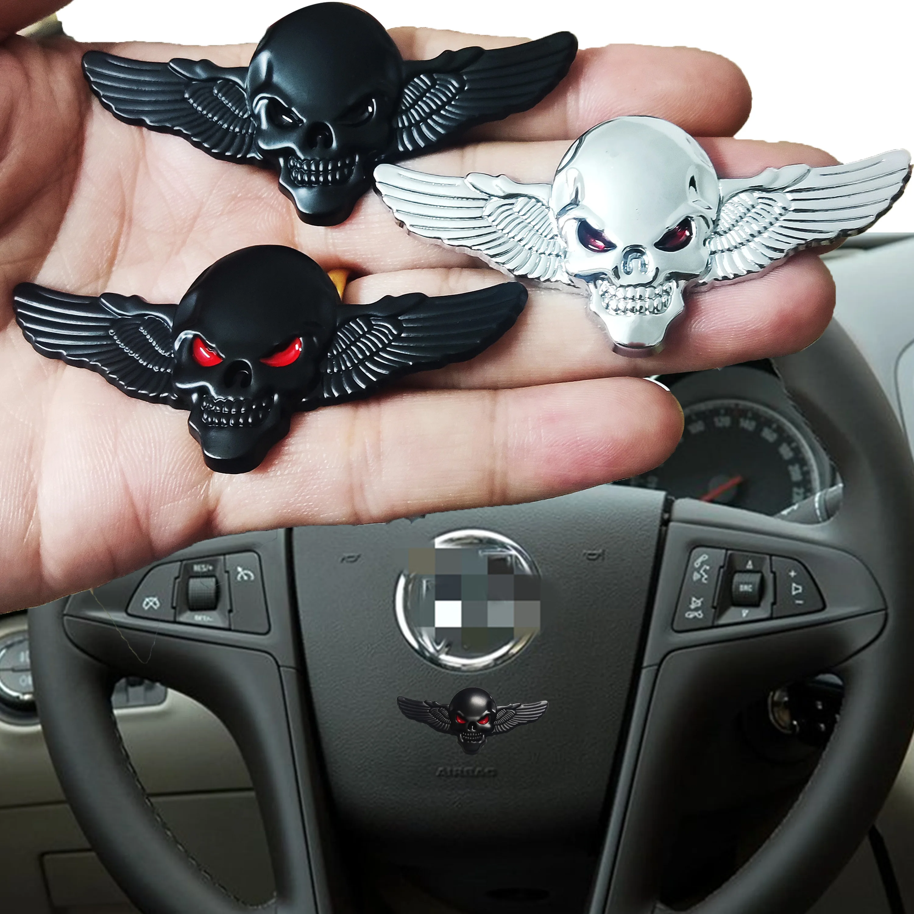 Metal Skull Motorcycle Decal Badge, Demon Wings Decoration Stickers for Car Rearview Mirrors and Trunks