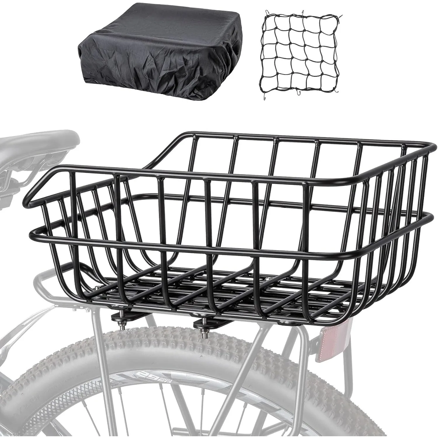 

Rear Bike Basket Bicycle Rear Basket with Cargo Net and Waterproof Cover Rear Mount Aluminium Bike Basket Large Capacity Outdoor