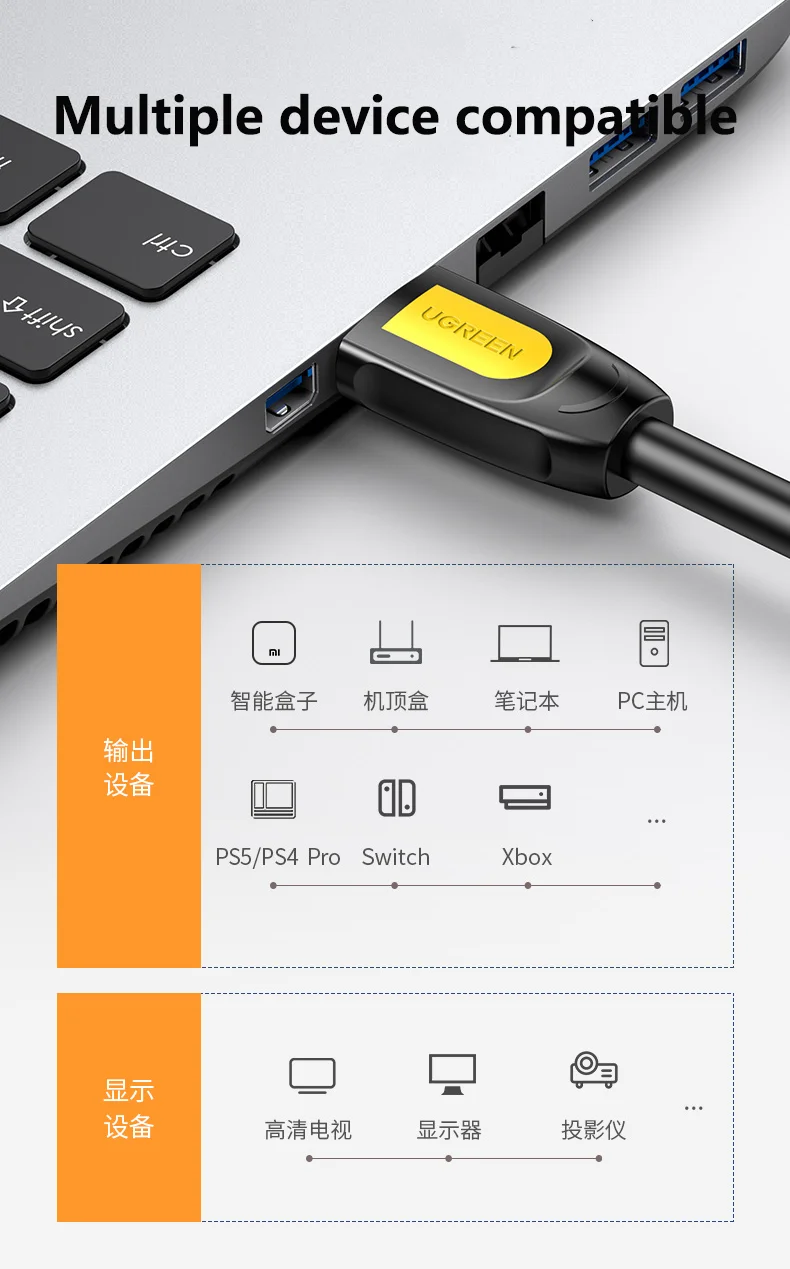 UGREEN 4K HD-MI 2.0 Cable HD-MI Cable de conexión digital compatible con todos los dispositivos HD-MI Transmisión de señal