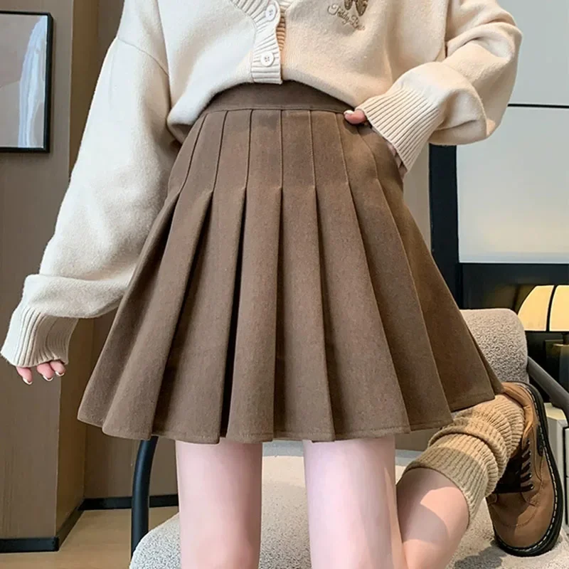 Pockets Woolen Women  A-line Skirts Preppy Style High Waist Cute JK Pleated Skirts Autumn Winter Inner Shorts Thicken Mini Skirt