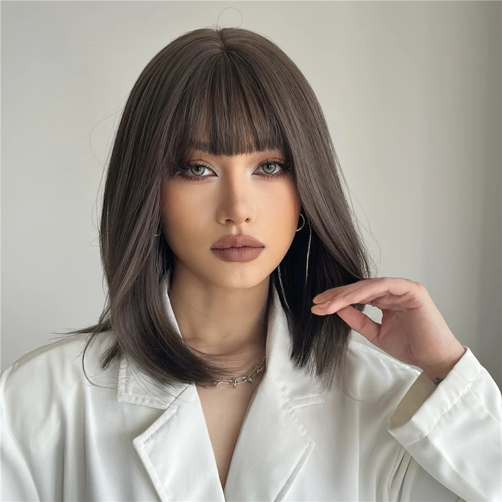 ELEMENT-Peluca de pelo corto con flequillo para mujer, pelo corto de fibra sintética, color marrón oscuro, liso, para fiesta, resistente al calor
