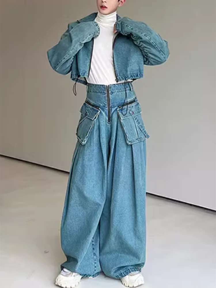 CHICEVER Denim Women\'s Sets For Women Lapel Long Sleeve Spliced Drawstring Tops High Waist Oversize Jeans Solid Set Female 2024