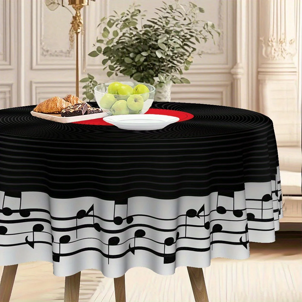 One black vinyl record musical note printed round tablecloth decorative fabric, party event supplieszyc