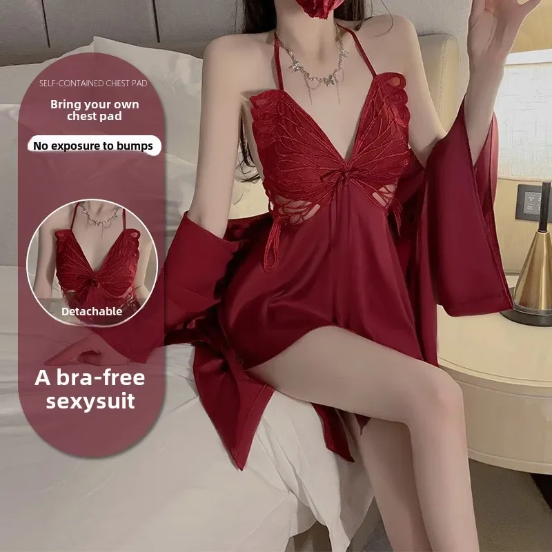 Red Sexy Backless Tempting Ice Silk Comfortable Simple Outer Robe Home Set Women\'s Pajamas Set Sleepwear for Women and Sexy