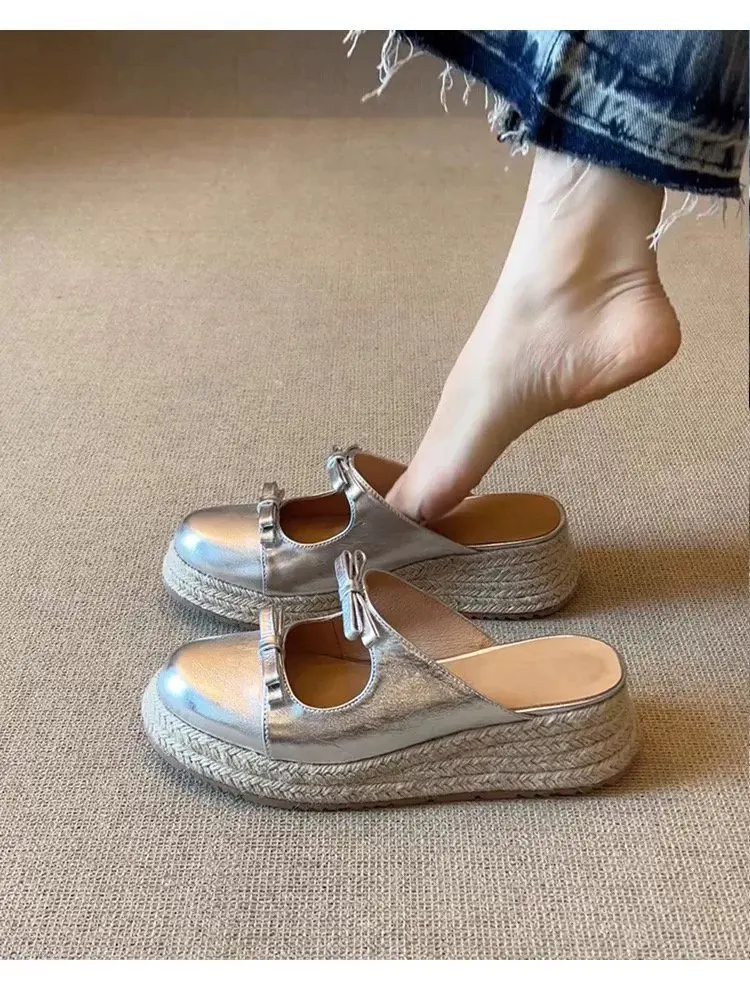 Damen Schleifen-Sandalen mit geschlossener Zehenpartie, Plateau-Espadrille-Keilabsatz, Slipper für den Sommer – Detail 10