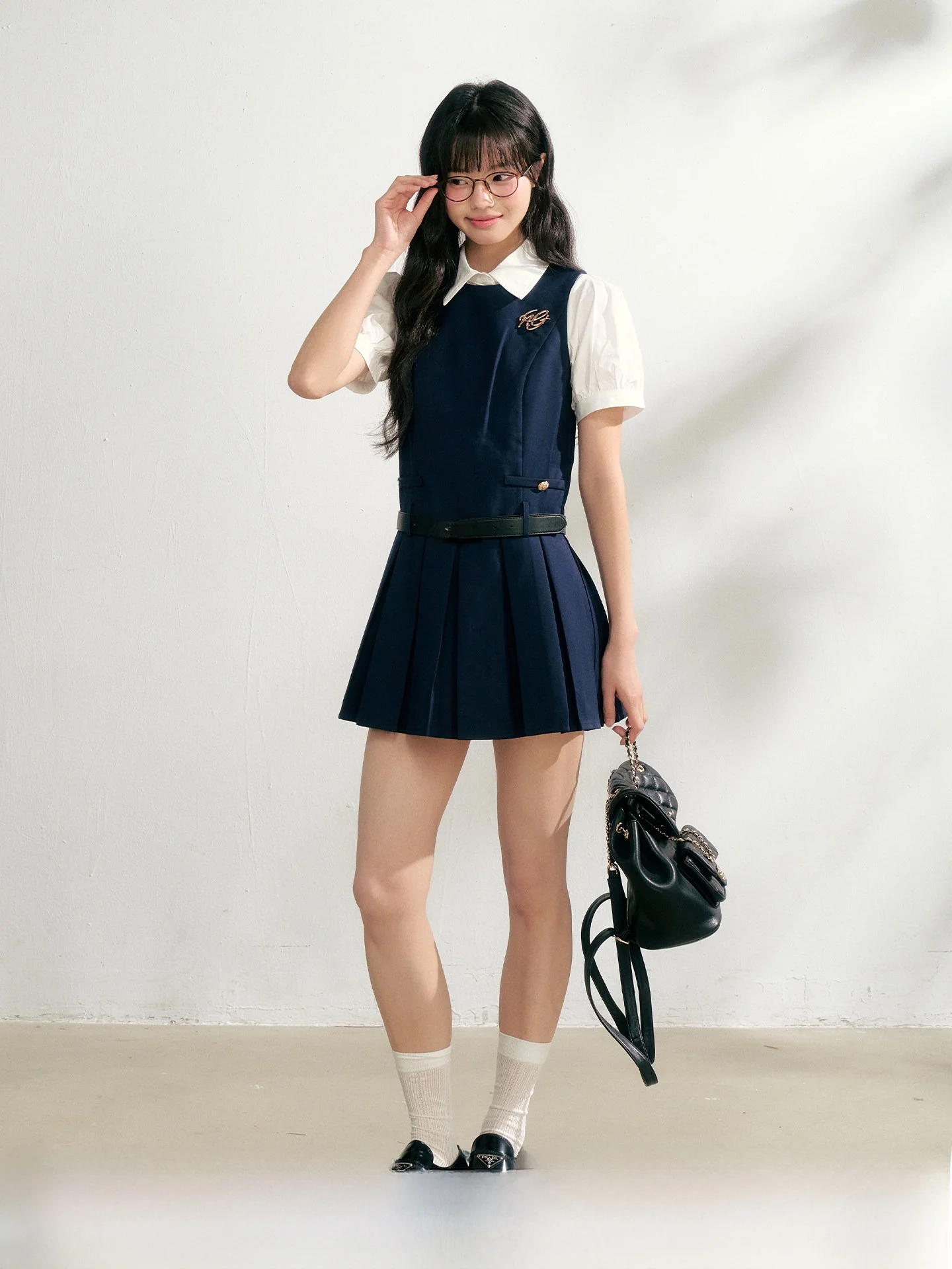 

NANGOON Original Versatile Waist-Cinching Shirt Short Sleeve Sleeveless Pleated Dress Set Spring New Women's Fashion Ensemble