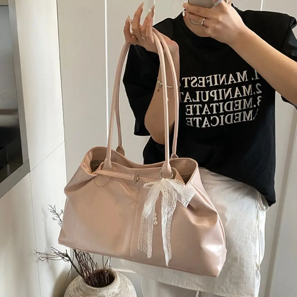 

Fashion PU Leather Shoulder Bag Bowknot Solid Color Underarm Bag Portable Large Capacity Tote Bag for Women