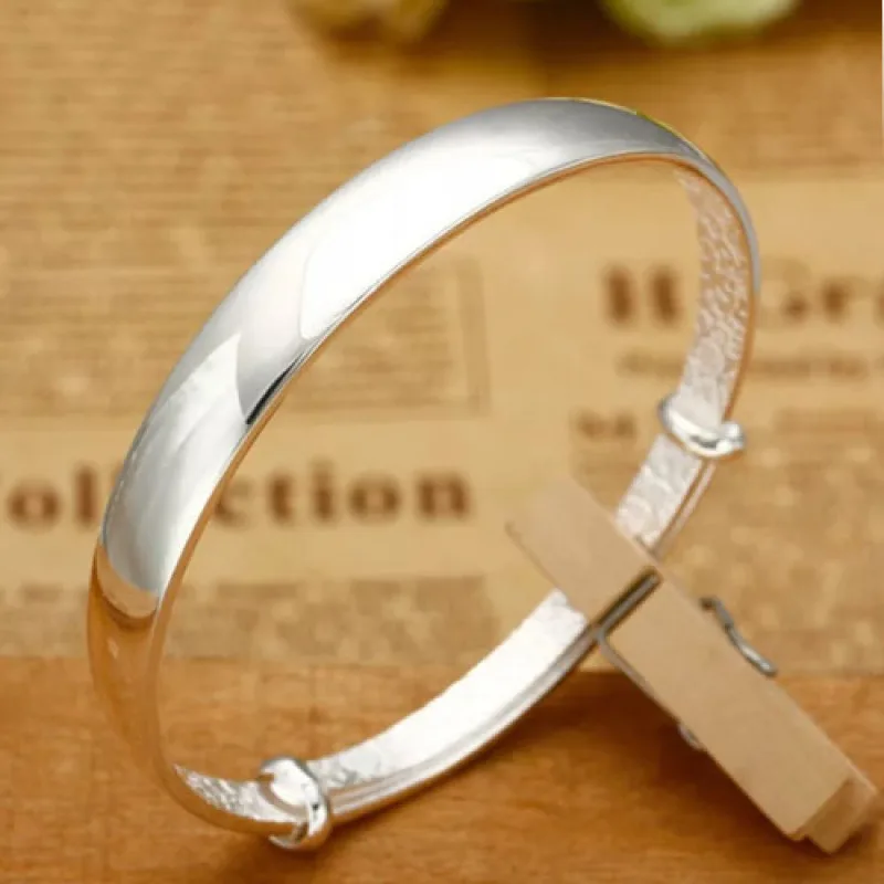 Fashion 925 Sterling Silver Woman Cuff Bracelet Open Thick Glossy Adjustable Lucky Charm Vintage Bangle Jewelry Christmas