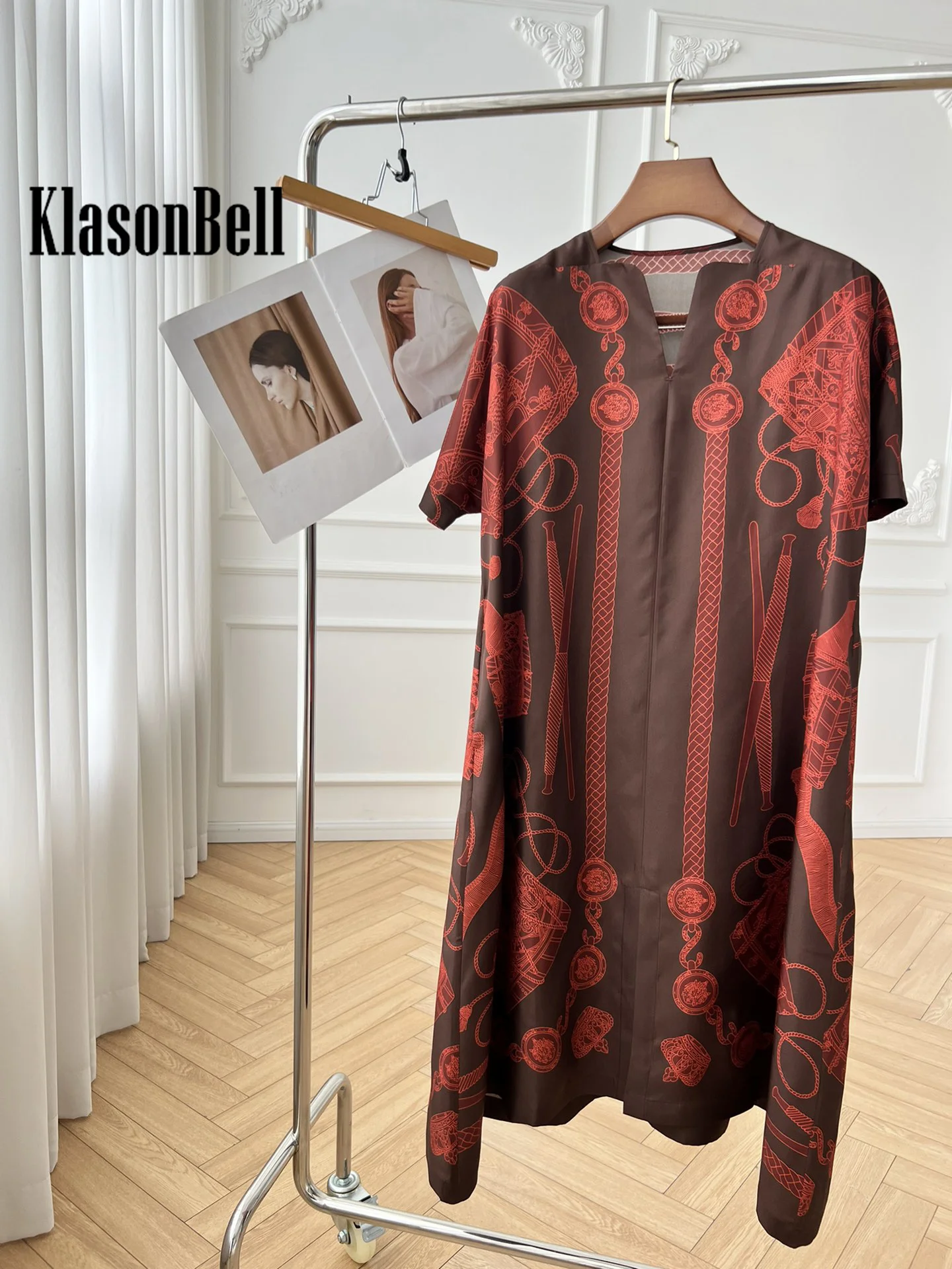 4.4 KlasonBell-Women\'s Geometric Pattern Print Short Sleeve Loose Silk Dress, Vintage Temperament Dress