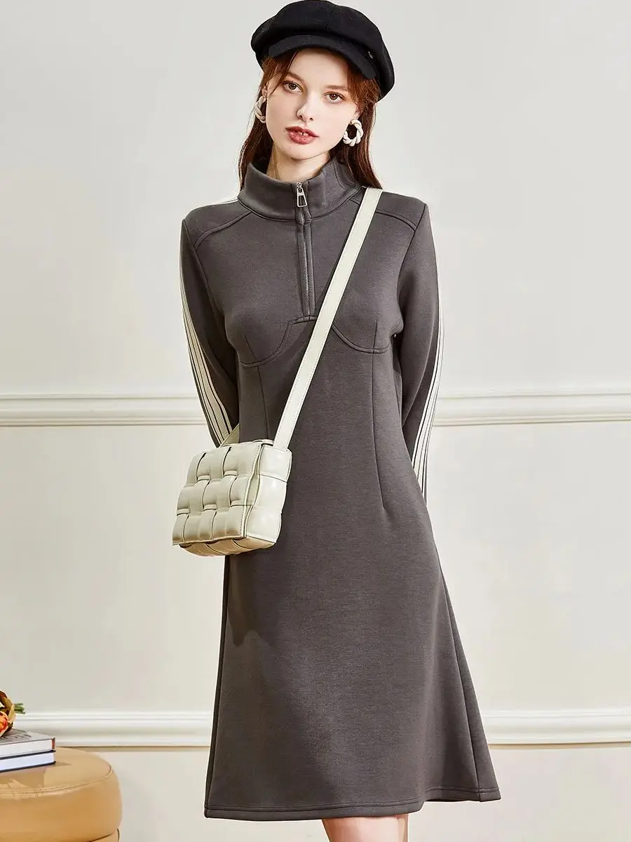 LOUIS YAO Women Dress 2024 Spring New Stand Collar Long Sleeve Loose Fit A-LINE Mid-length Casual Fashion Dress for Women