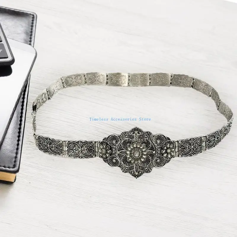 

97QE Russian Caucasus Crystal Belt with Carving Patterns for Men and Women Eye Catching Shimmering Costume Corset Belt