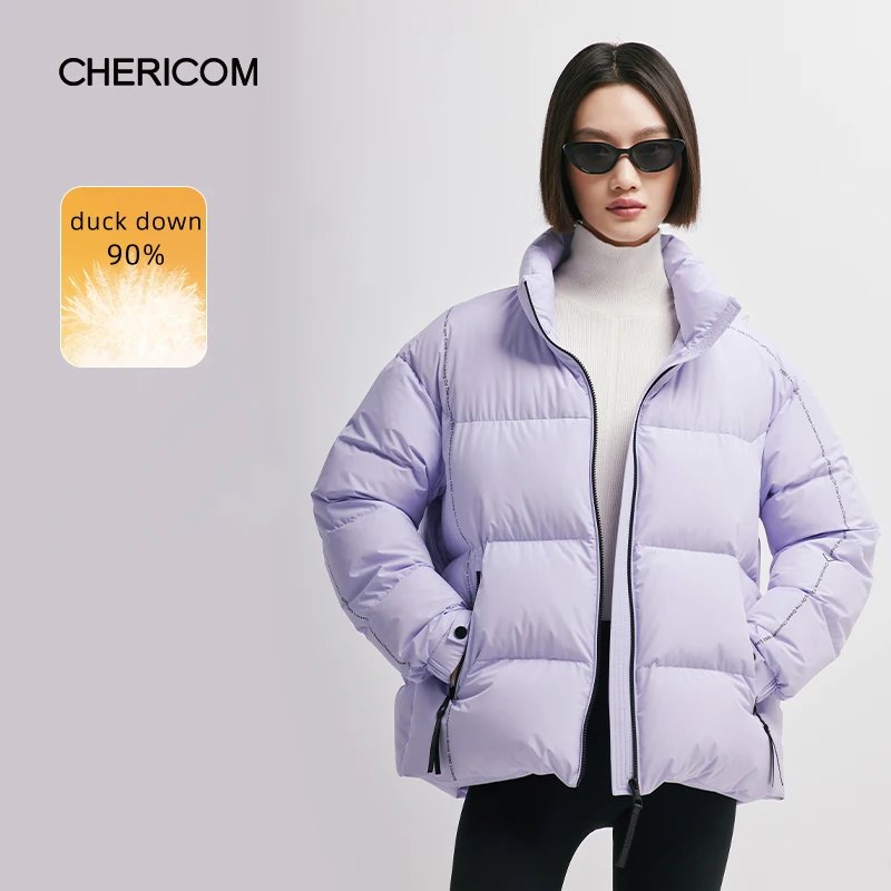 

Chericom short stand-up collar long-sleeved down jacket women's 2024 winter thickened warm solid color commuter couple coats