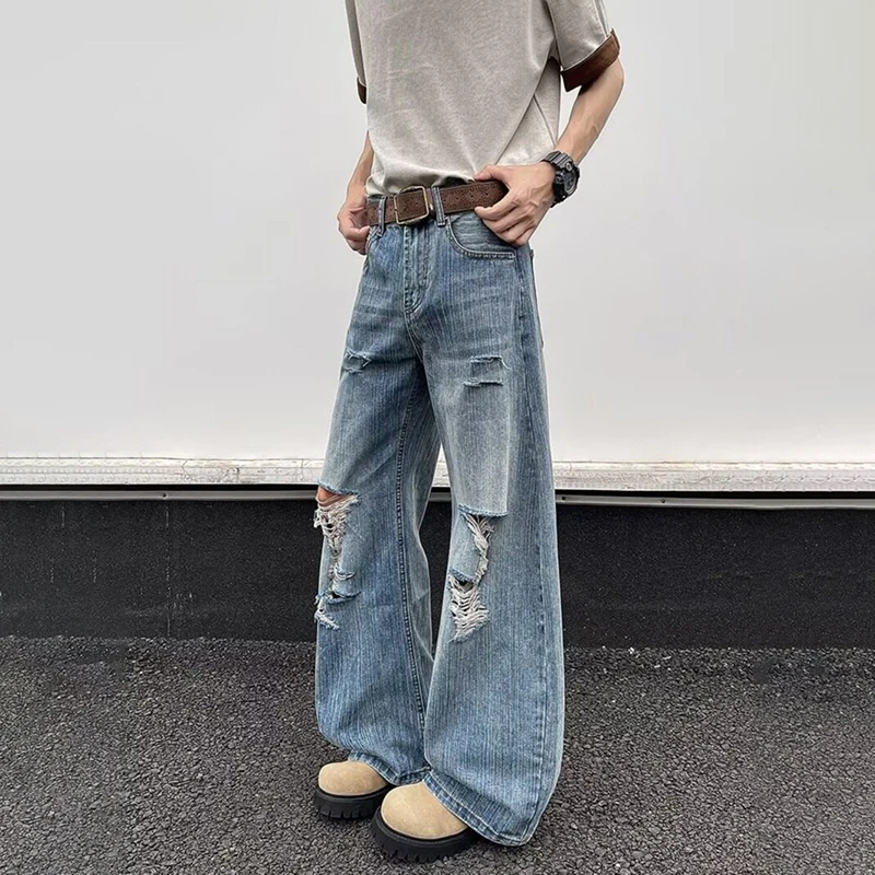 WTHT Moda Uomo Foro di Lavaggio Burr Edge High Street Pantaloni in Denim Vintage Stile Americano Jeans a Gamba Larga Maschile 2025 Estate 2A1217