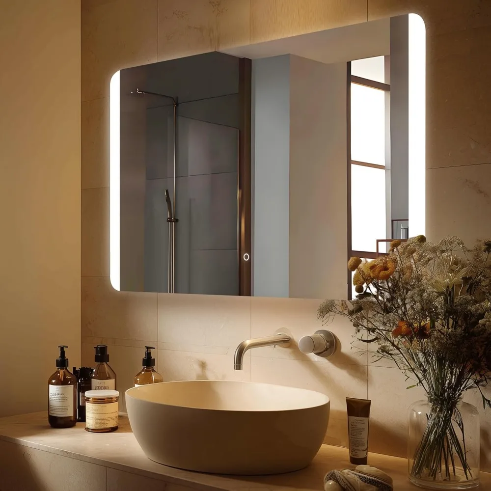 Espelho de vaidade retroiluminado LED retangular sem moldura para banheiro com cantos arredondados, resistente a estilhaços, regulável