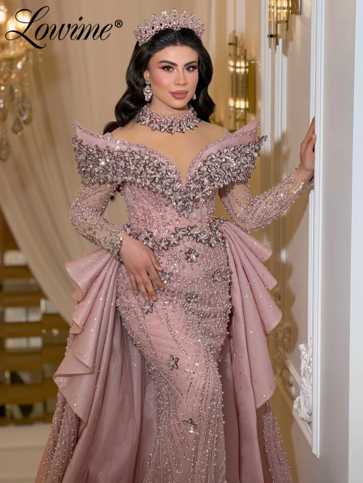 

Sparkle Crystal Blush Pink Purple Prom Dresses Long Sleeve Arabic Evening Gown Formal Occasion Party Dress With Detachable Train