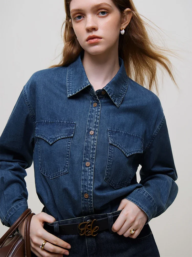 FSLE Retro Fashionable Washed Old Denim 100% Cotton Shirt for Women Autumn Winter 2023 New Big Pockets Design Top Female