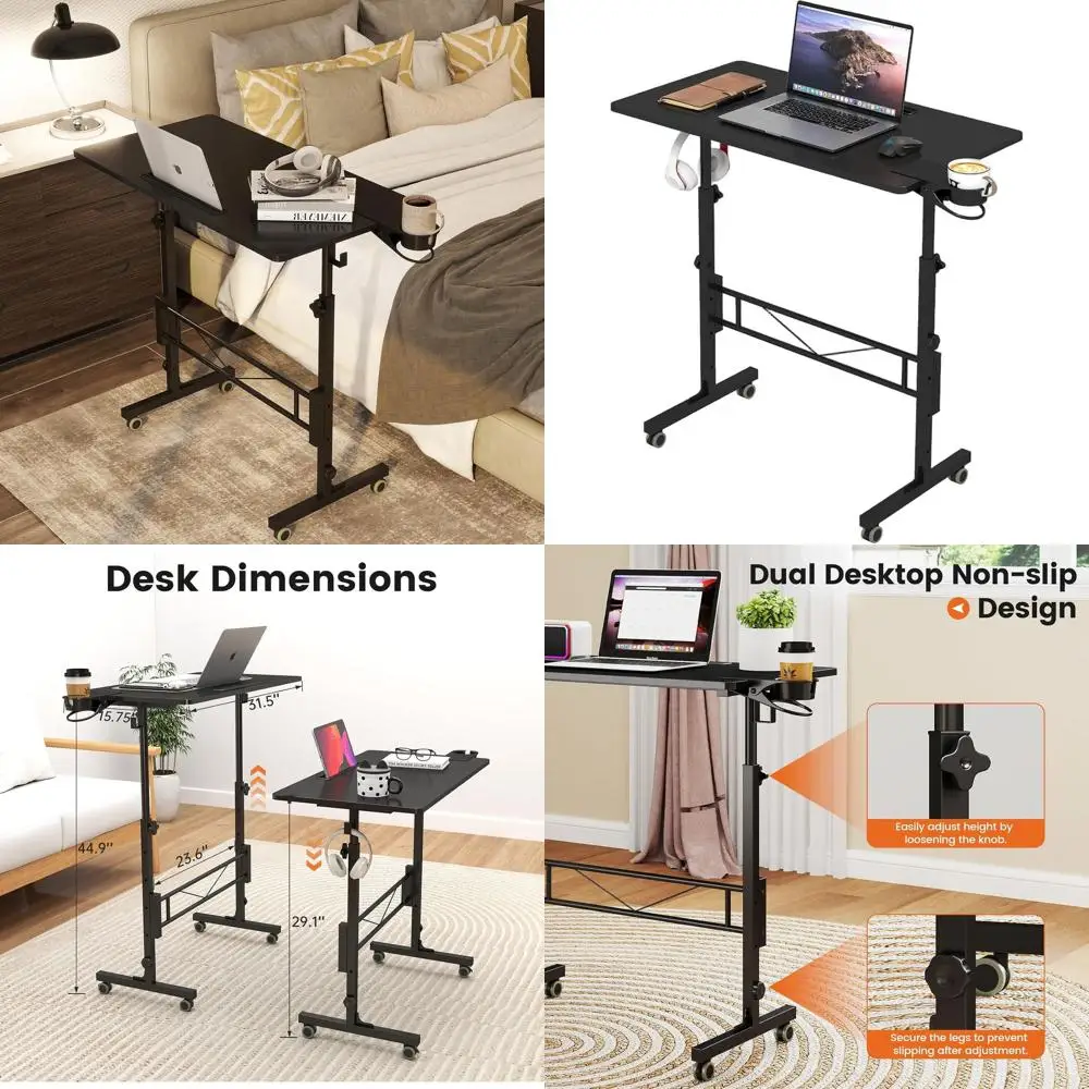 

Adjustable Height Mobile Standing Desk, Portable Laptop Cart with Wheels, for Standing or Sitting, Black