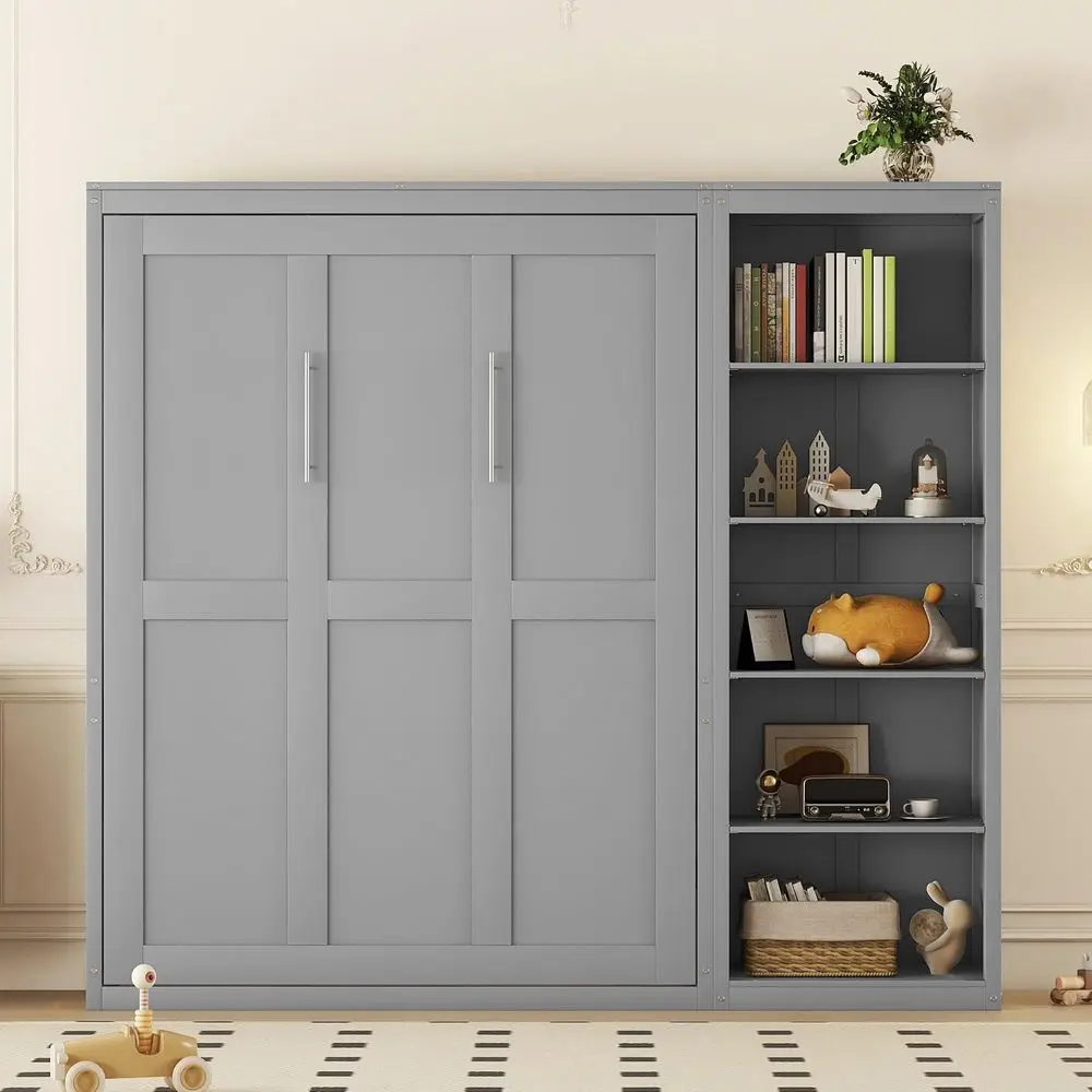 Queen Murphy Bed with Storage Bookcase Shelves,Wood Folding Grey Murphy Wall Bed Cabinet