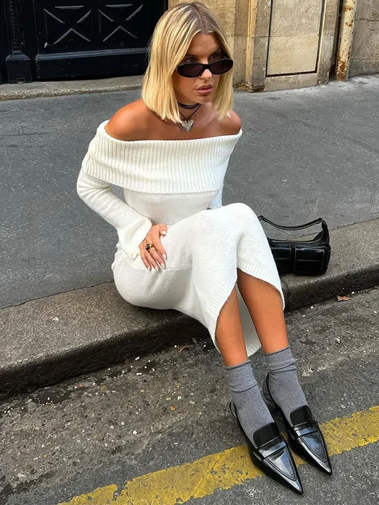 

Fashion Slim Off The Shoulder Maxi Dress Women Elegant Full Sleeve Off Knitt Dress 2023 New Sexy Hip Package Split Long Sweater