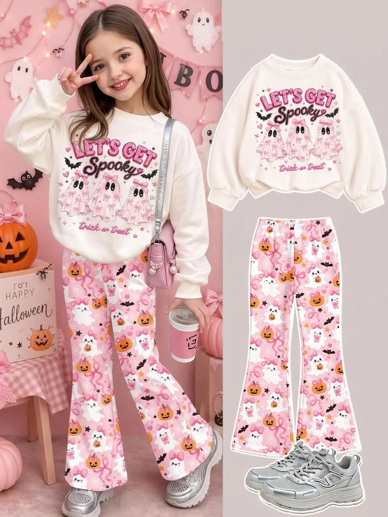Girls' Pink Halloween Outfit Sweet Bowknot Little Ghost Print Crewneck Sweatshirt + Cartoon Pumpkin Bat All-Over Print Flared Long Pants Two-Piece Set Suitable for Children over 3 Years Old Autumn and Winter Clothing