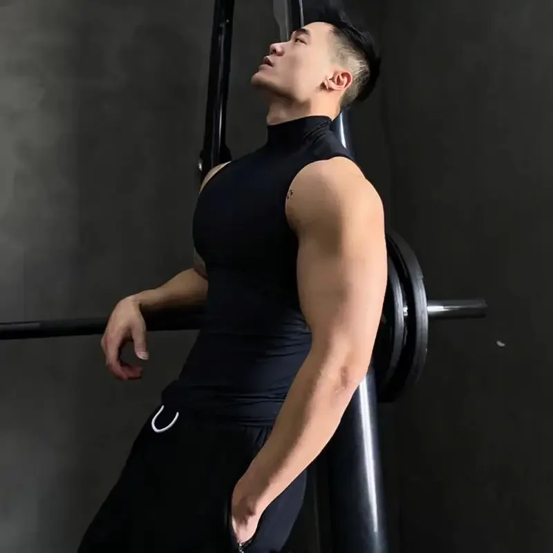 Muscular man fitness training suit, brother solid color sports sleeveless T-shirt, high-neck elastic quick-drying vest