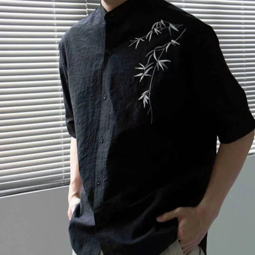 

Summer New Men's Solid Color Embroidered Short-Sleeved Shirt Chinese Retro Fashion Trend Leisure Loose Breathable Men's Tops