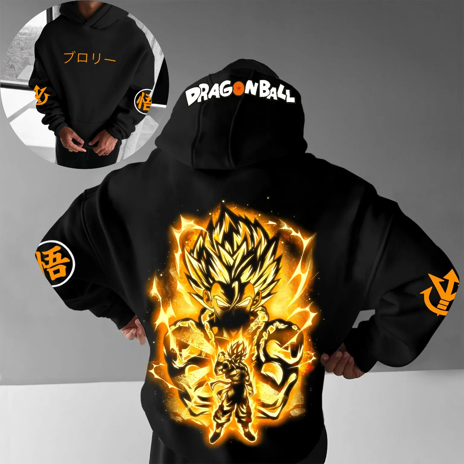 

Dragon Ball Z Vegeta Super Saiyan Fire Energy Аниме Толстовка Мужская Черная Оранжевая Назад Принт Японский Рукав Тексту Уличная Мода